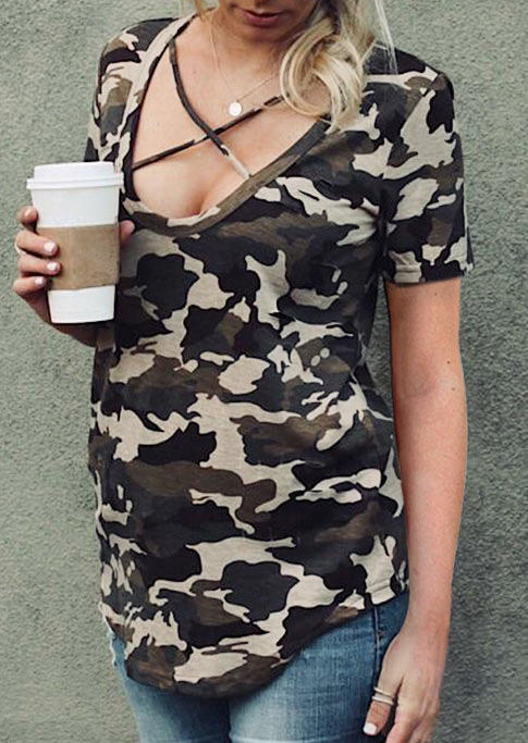 

Camouflage Criss-Cross Short Sleeve Blouse, Multicolor, 511031