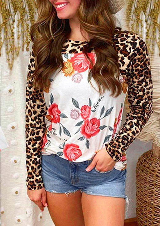 

Leopard Floral Splicing Long Sleeve T-Shirt Tee, Multicolor, 511041