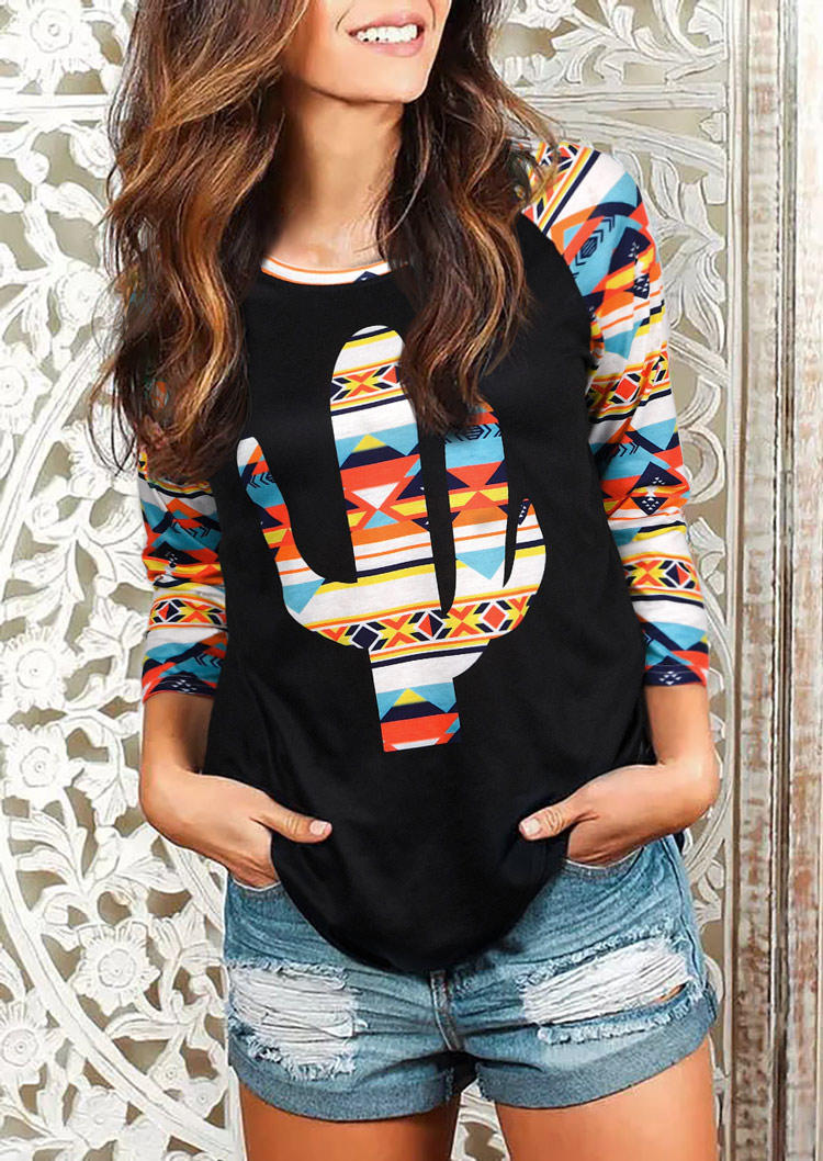 

Aztec Geometric Cactus O-Neck Blouse, Multicolor, 511056