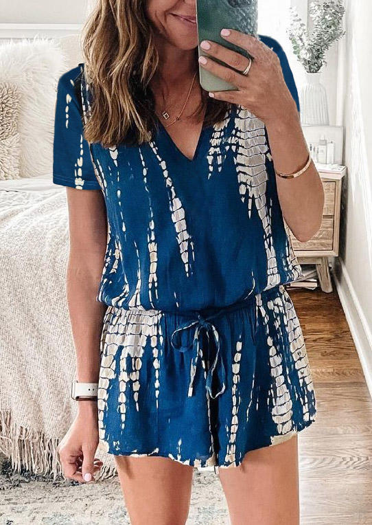 

Tie Dye Drawstring Elastic Waist V-Neck Romper - Blue, 511060