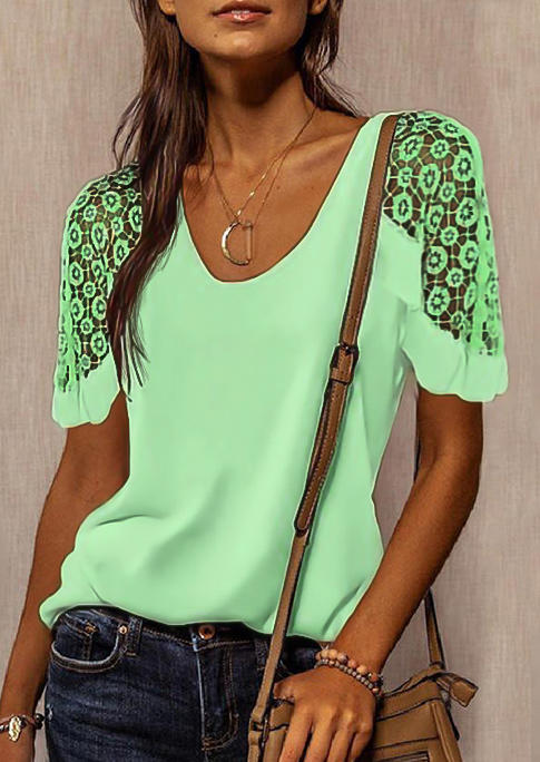 

Hollow Out Lace Splicing O-Neck Blouse - Green, 511098