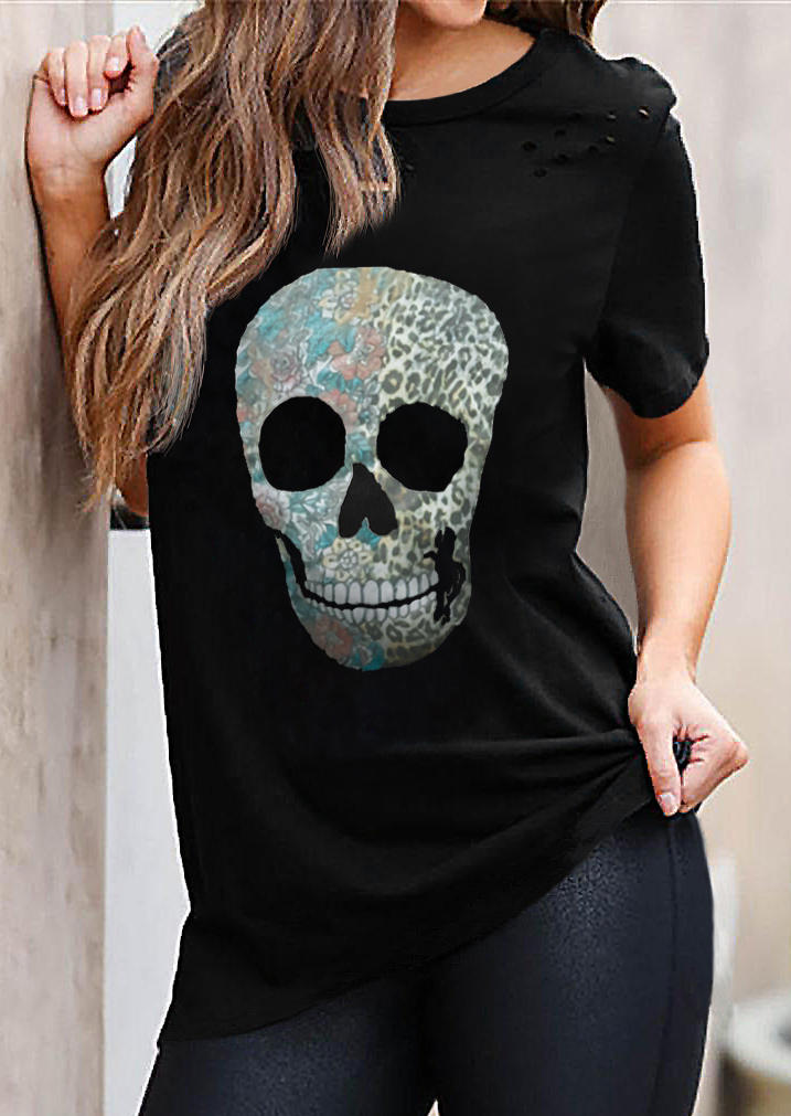 

Leopard Skull Hole T-Shirt Tee - Black, 511154