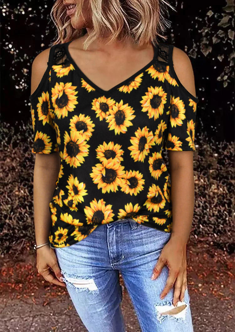 

Sunflower Lace Splicing Cold Shoulder Blouse - Black, 511257