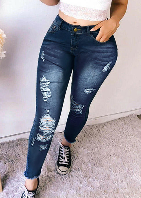 

Pocket Ripped Hole Frayed Hem Jeans Pants - Deep Blue, 511296