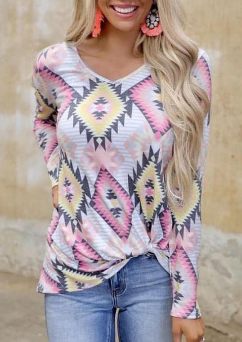 

Aztec Geometric Western Long Sleeve Blouse, Multicolor, 511485