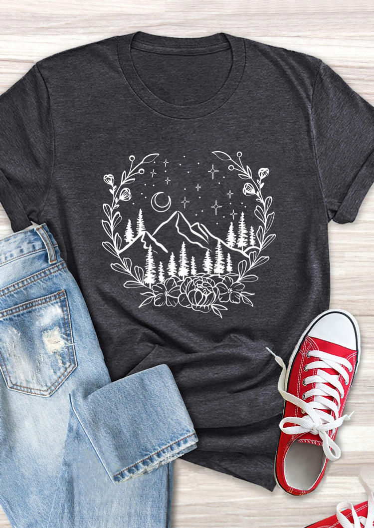 

Mountain Hiking Floral Moon T-Shirt Tee - Dark Grey, 509701