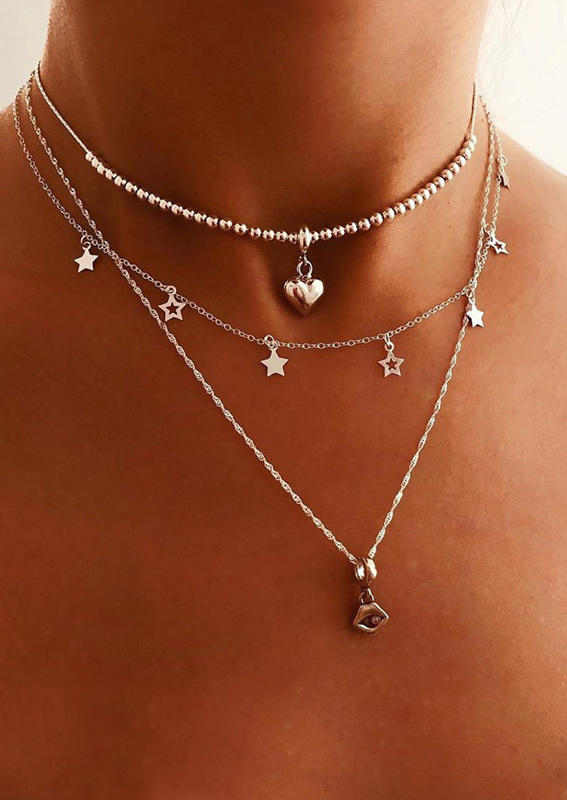 

Heart Star Lips Beading Multi-Layered Necklace, Silver, 510110