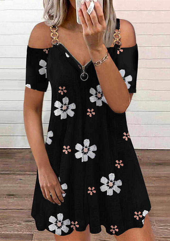 

Floral Zipper Collar Cold Shoulder Mini Dress - Black, 510515