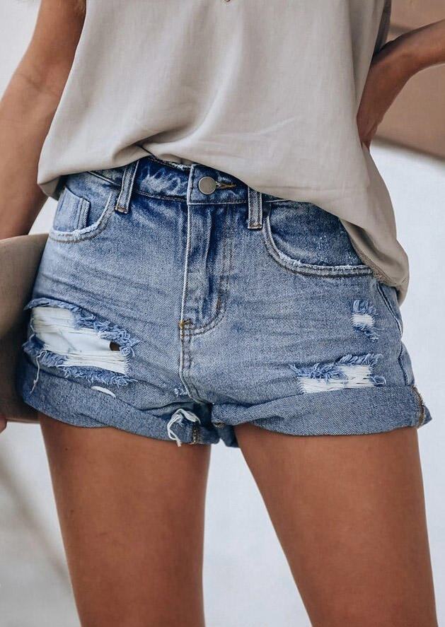 Pocket Button Ripped Hole Denim Shorts - Blue, 510541