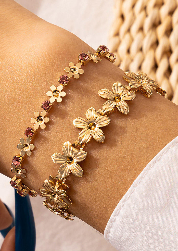 

2Pcs Flower Rhinestone Alloy Bracelet Set, Gold, 510677