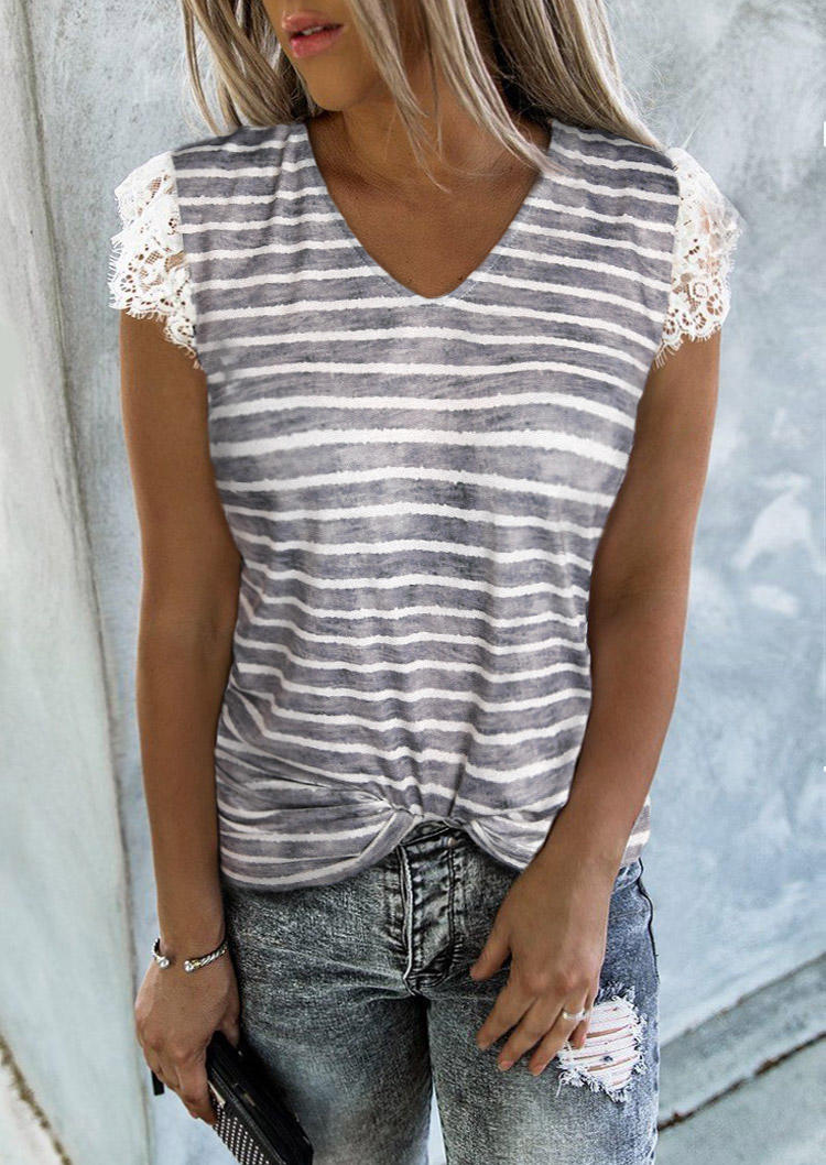

Striped Lace Short Sleeve V-Neck Blouse, Stripe, 510896