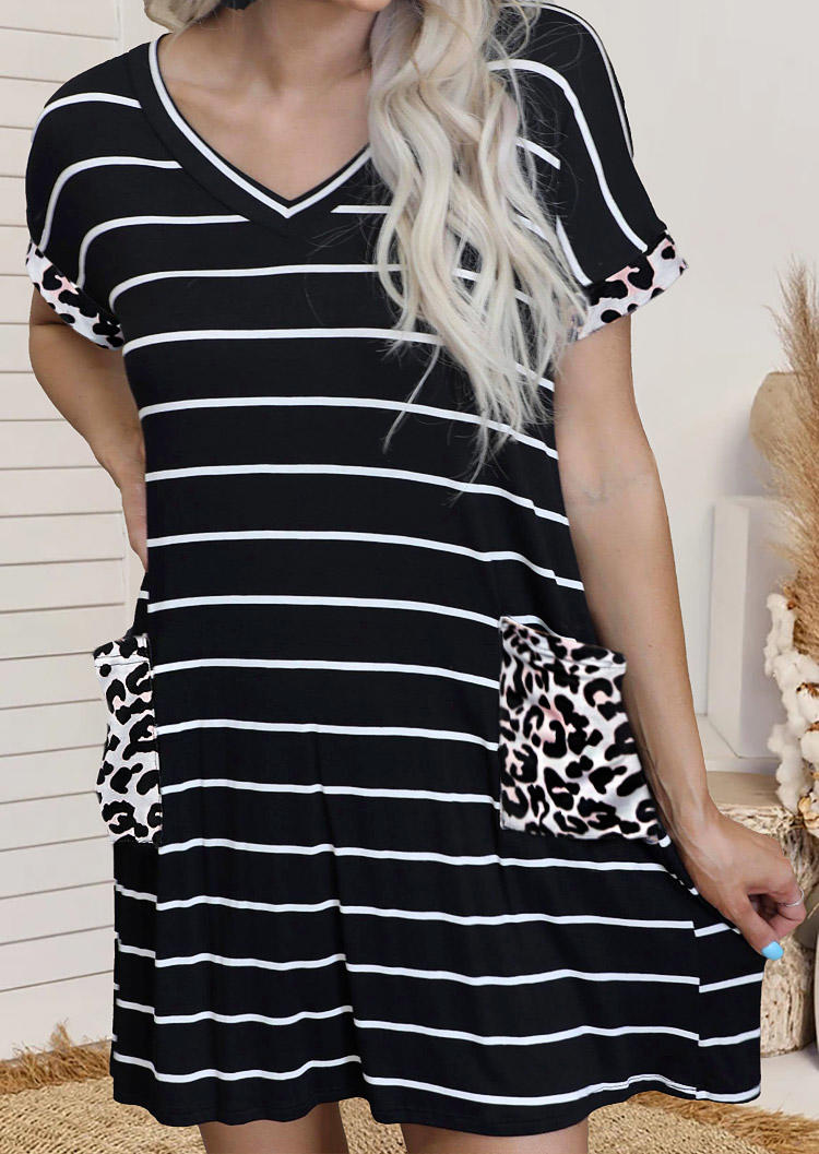 Leopard Striped Pocket Mini Dress - Black