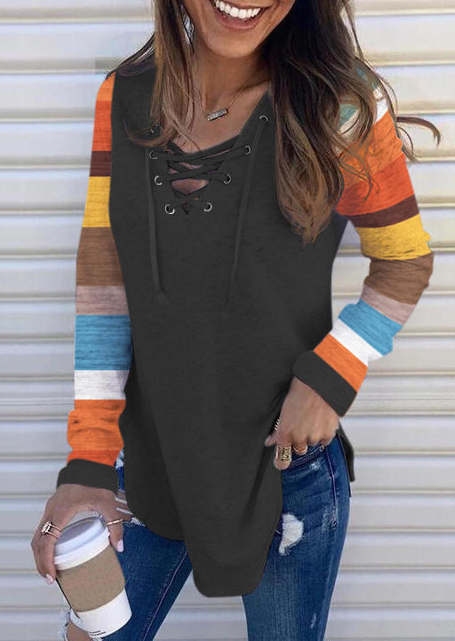 

Color Block Lace Up Long Sleeve Blouse - Dark Grey, Gray, 511018