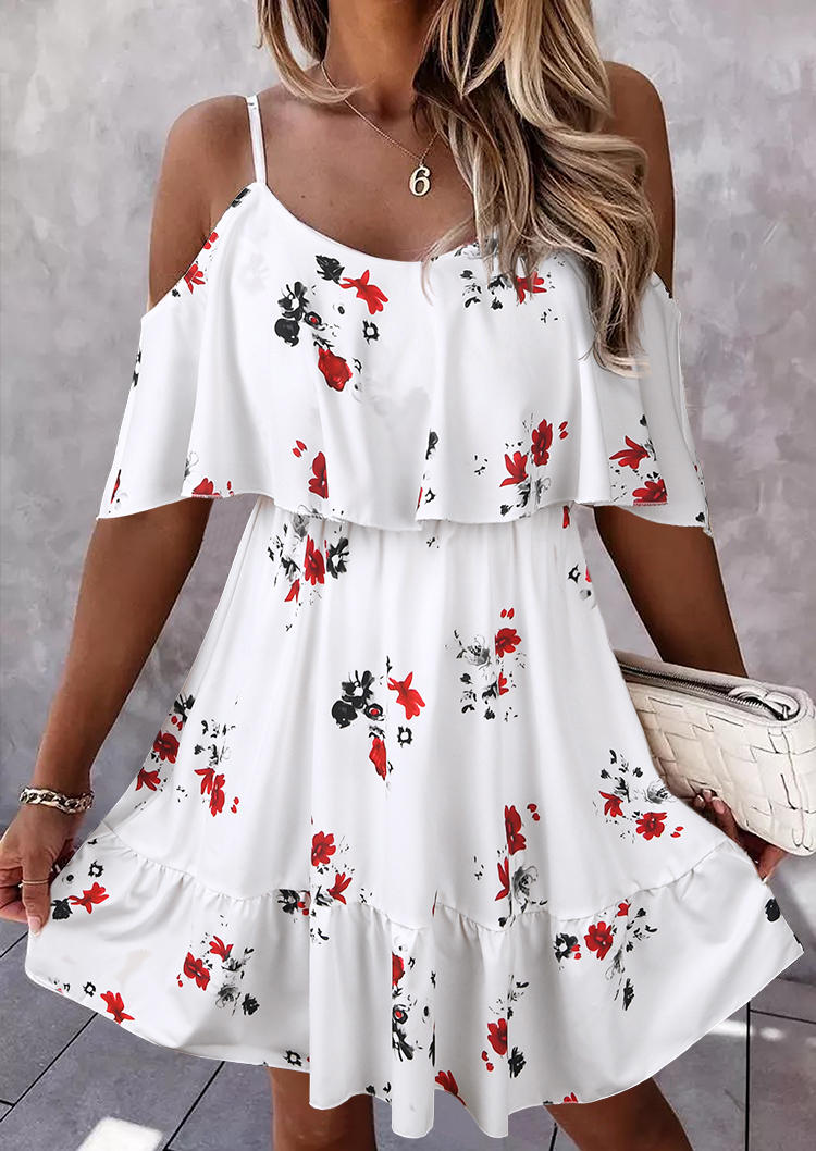 

Floral Ruffled Cold Shoulder Mini Dress - White, 511096