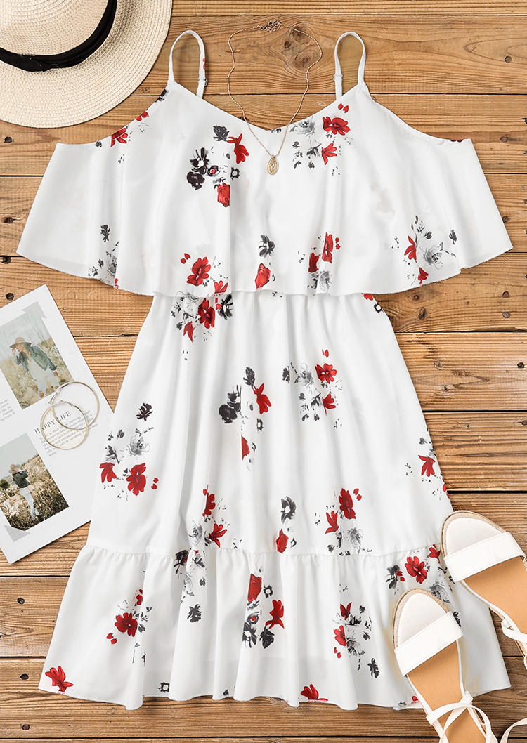 Buy Floral Ruffled Cold Shoulder Mini Dress - White. Picture