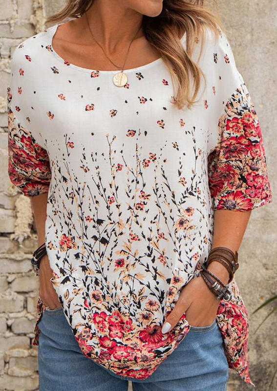 

Floral Drop Shoulder Casual Blouse - Red, 511201