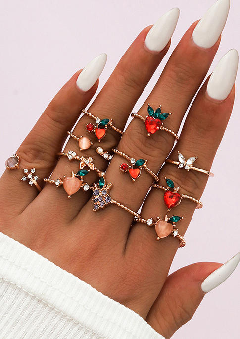 

11Pcs Apple Peach Butterfly Rhinestone Open Adjustable Ring Set, Gold, 511249