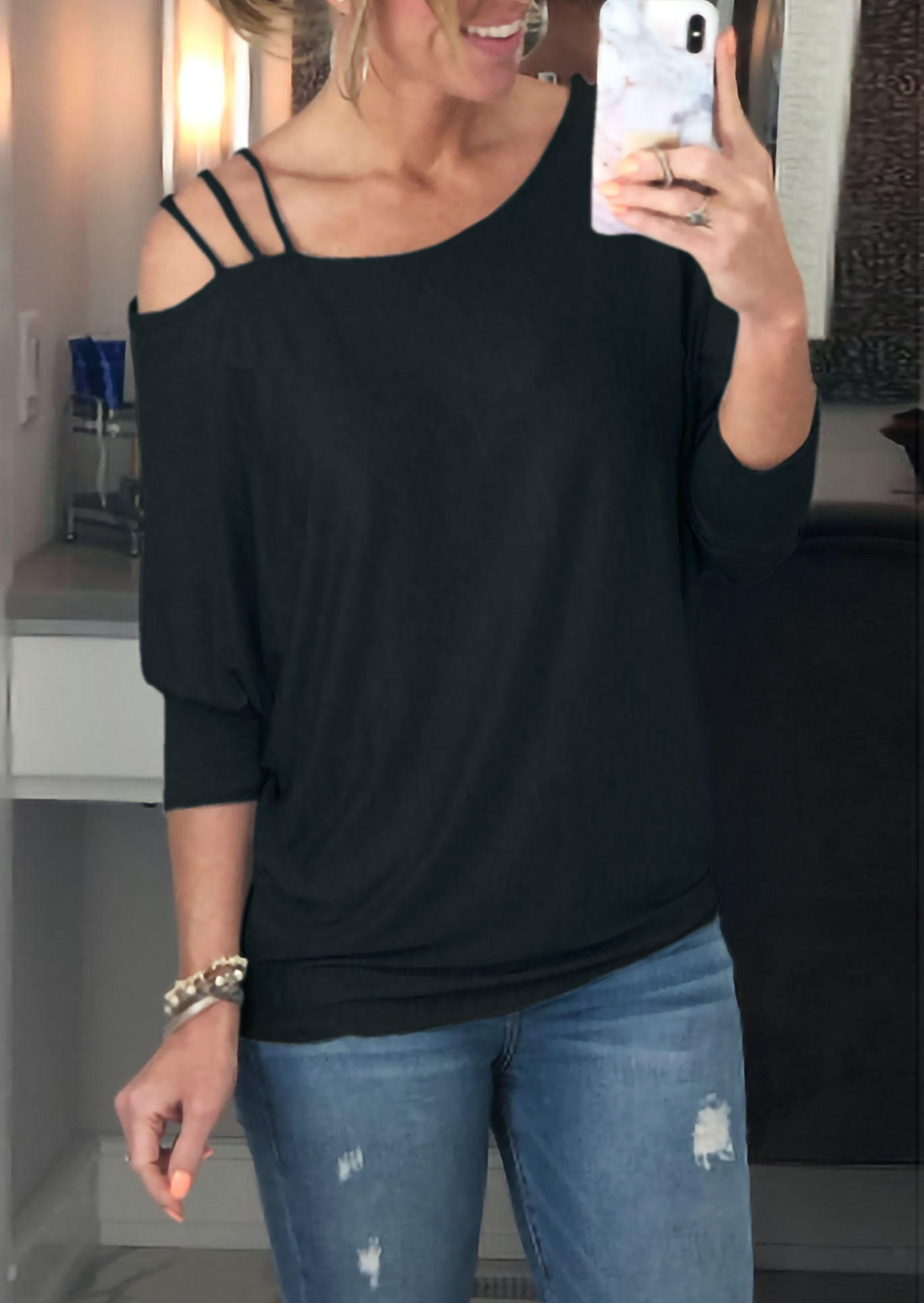 

One Sided Cold Shoulder Casual Blouse - Black, 511273