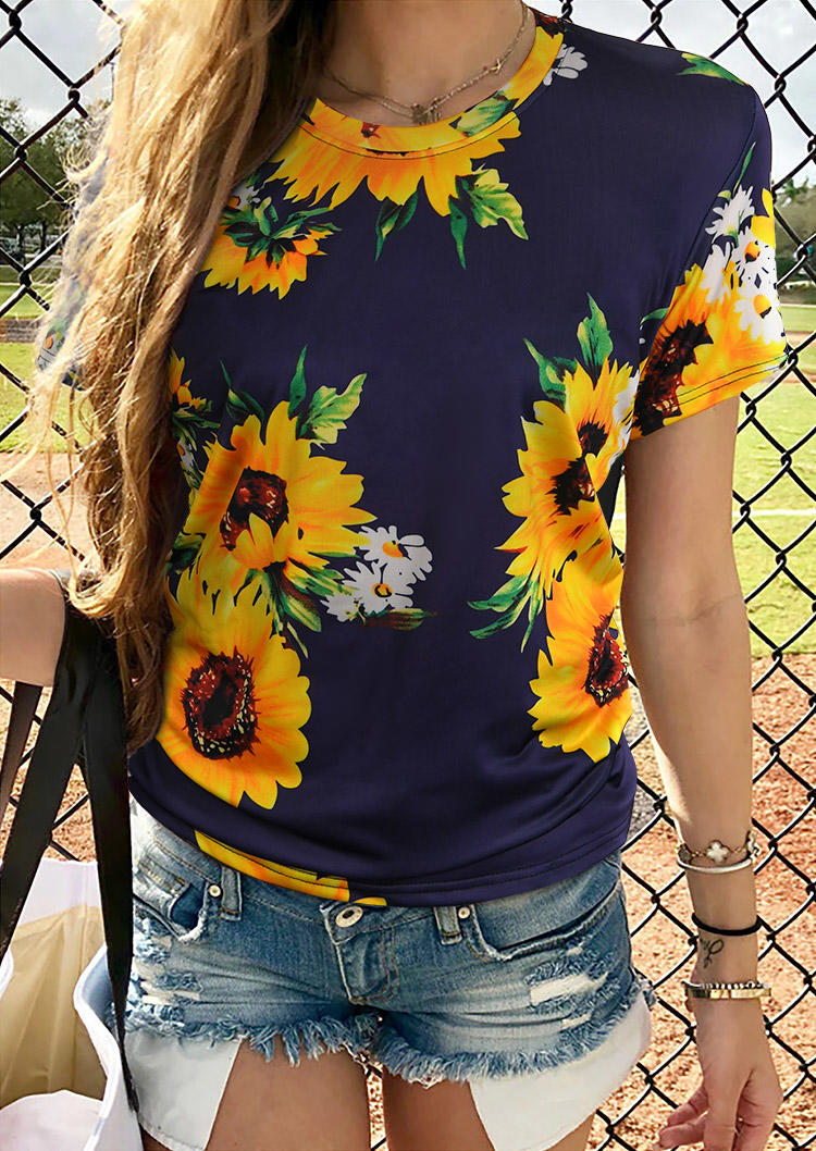 

Sunflower Daisy O-Neck T-Shirt Tee - Navy Blue, 511449