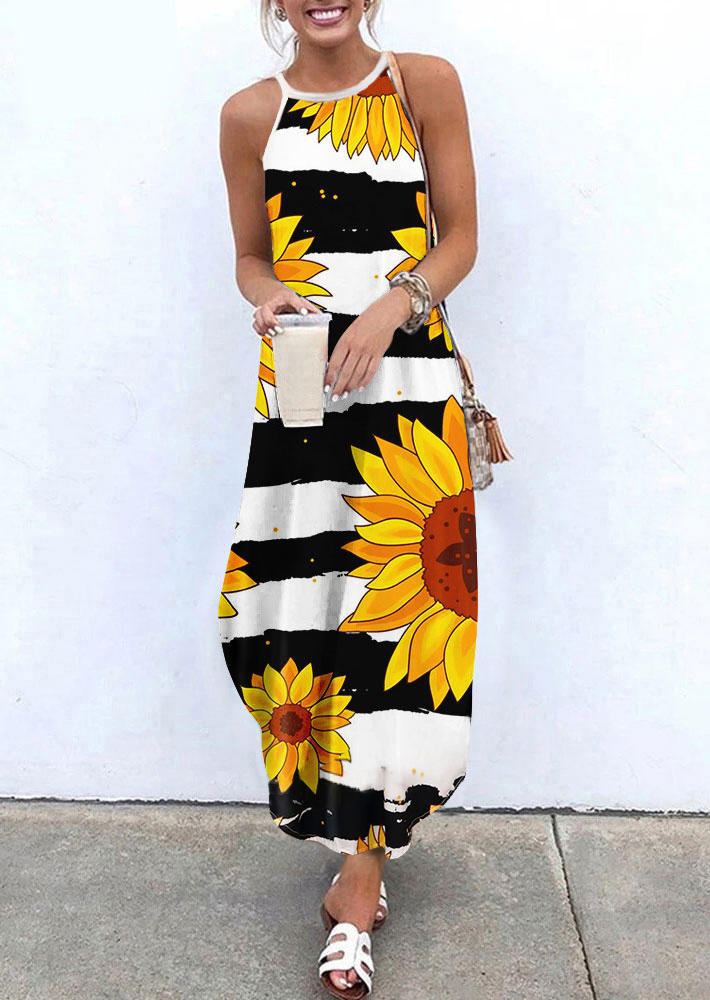 

Striped Sunflower Spaghetti Strap Asymmetric Maxi Dress, Stripe, 511492