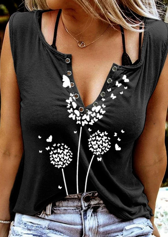 

Dandelion Butterfly Notched Neck Hole Tank - Black, 511559