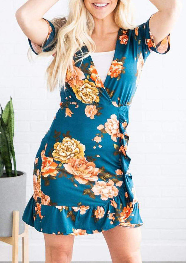 

Floral Ruffled V-Neck Bodycon Dress - Green, 511762