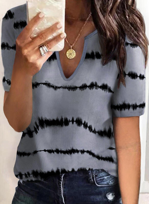 

Tie Dye Notched Neck Blouse - Gray, 510774