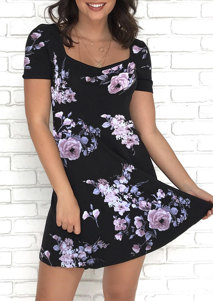 

Floral Short Sleeve Square Collar Mini Dress - Black, 511210
