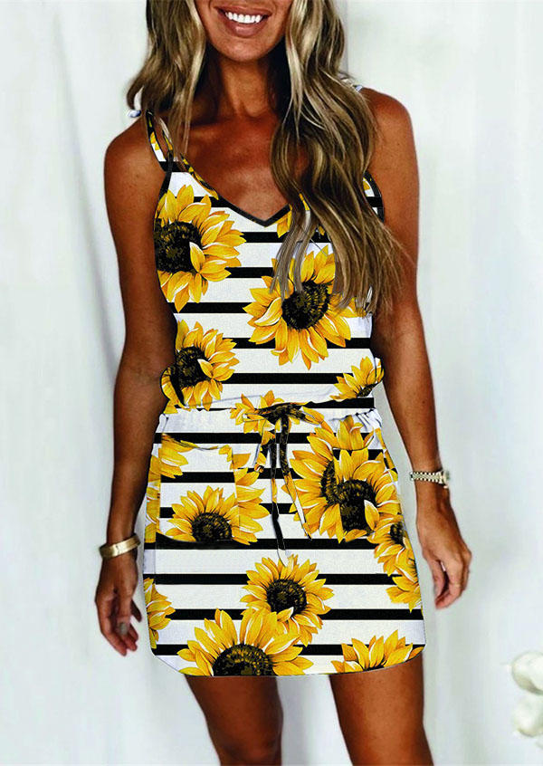 

Striped Sunflower Adjustable Strap Elastic Waist Mini Dress, Stripe, 511225