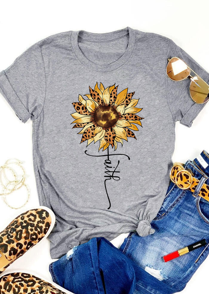 

Leopard Sunflower Faith T-Shirt Tee - Gray, 511267