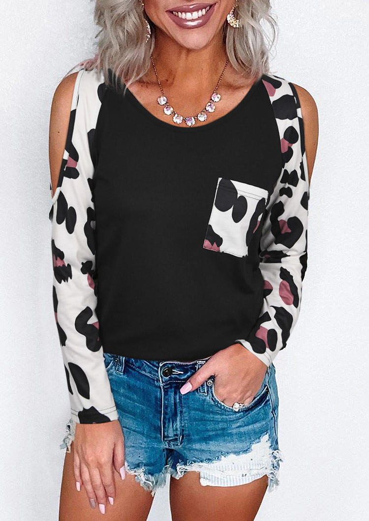 

Leopard Splicing Pocket Cold Shoulder Blouse - Black, 511284