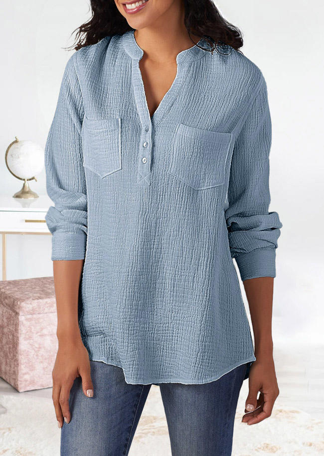 

Pocket Button Long Sleeve Blouse - Blue, 511393