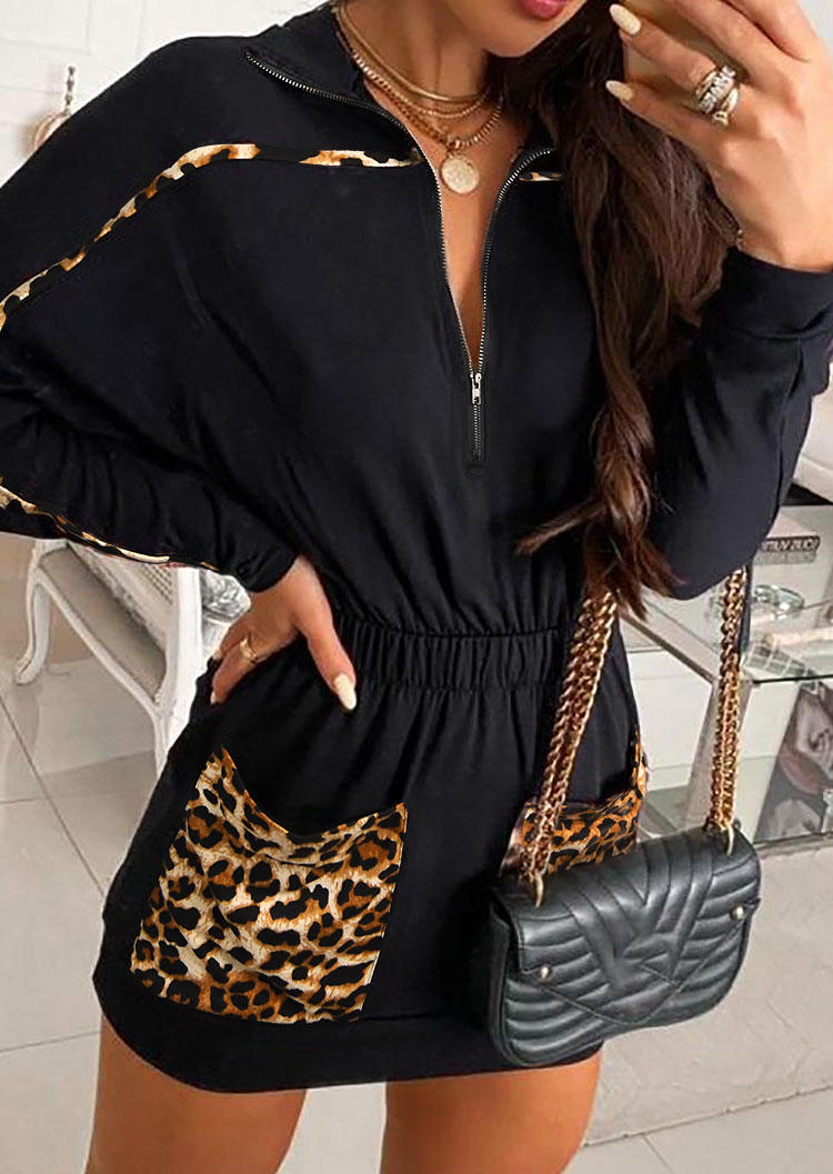 Leopard Pocket Zipper Collar Mini Dress - Black