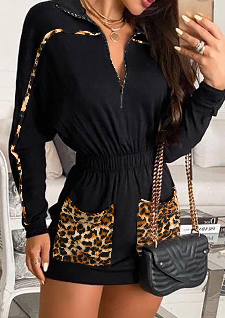 Leopard Pocket Zipper Collar Mini Dress - Black