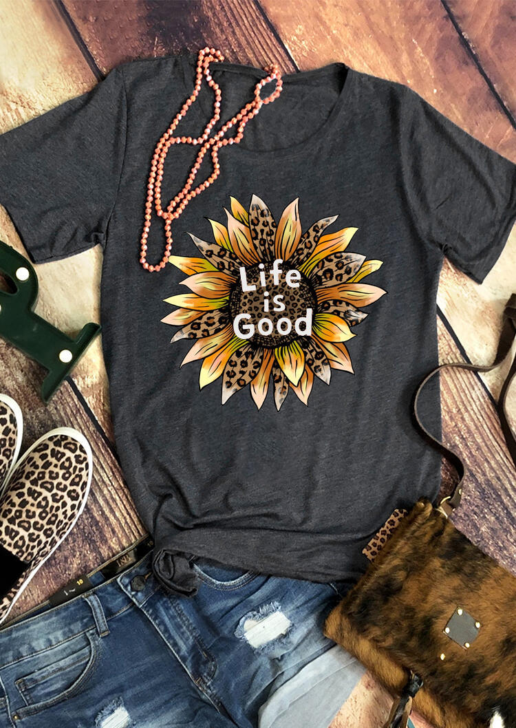 

Life Is Good Leopard Sunflower T-Shirt Tee - Dark Grey, 511625