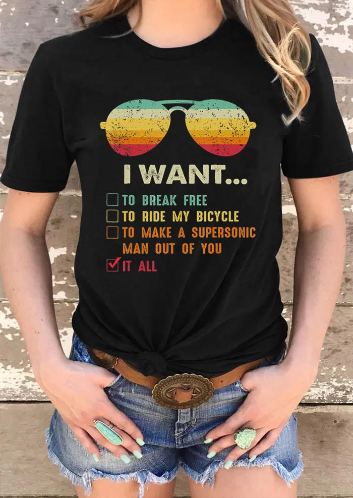 

I Want It All Glasses Short Sleeve T-Shirt Tee - Black, 511644