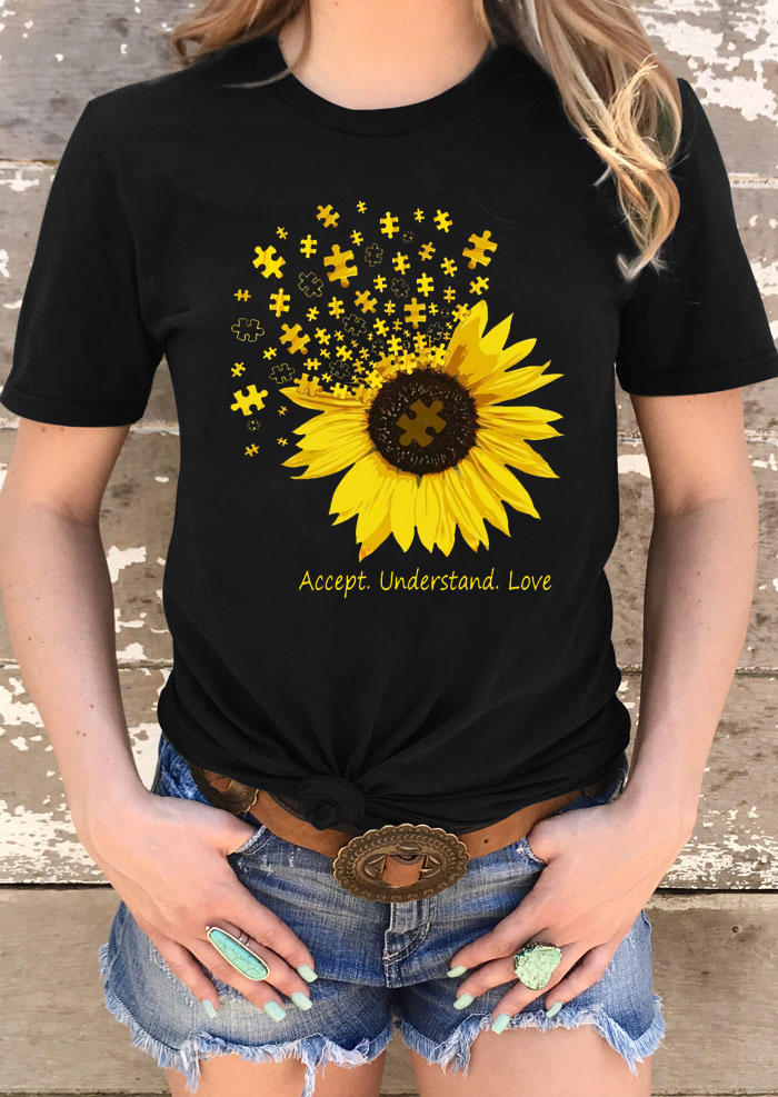 

Sunflower Accept Understand Love T-Shirt Tee - Black, 511646