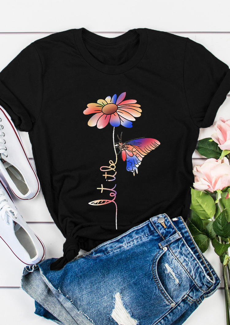 

Colorful Daisy Butterfly Let It Be T-Shirt Tee - Black, 511709