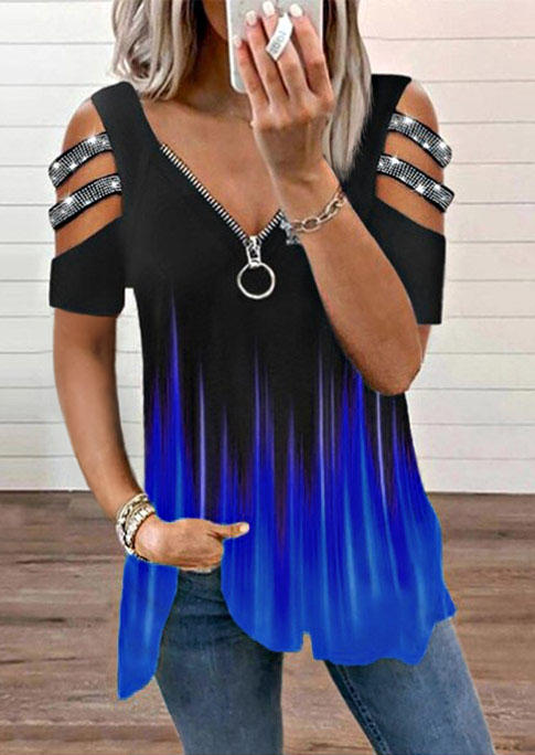 

Gradient Rhinestone Cold Shoulder Zipper Collar Blouse - Blue, 510300