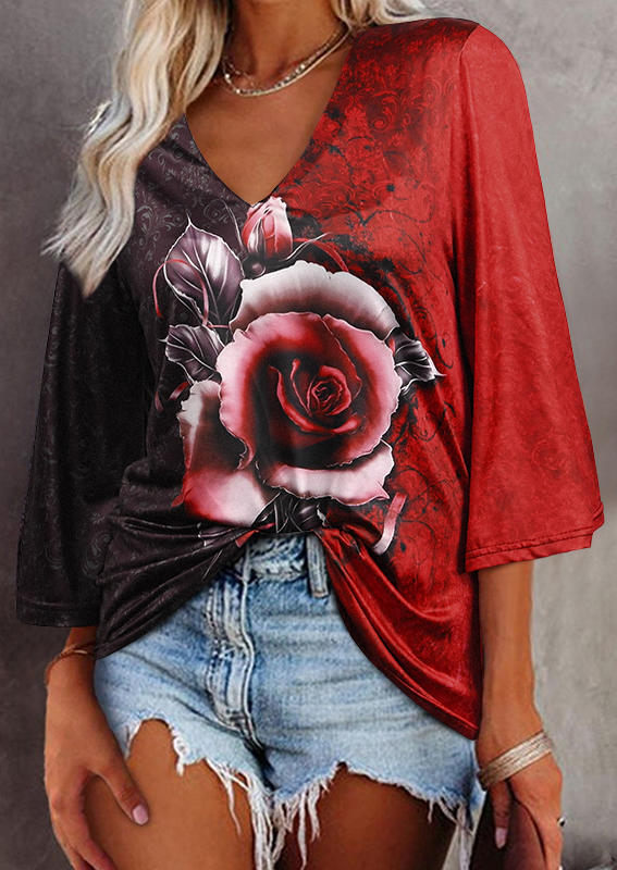 

Rose V-Neck Flare Sleeve Blouse - Red, 511203