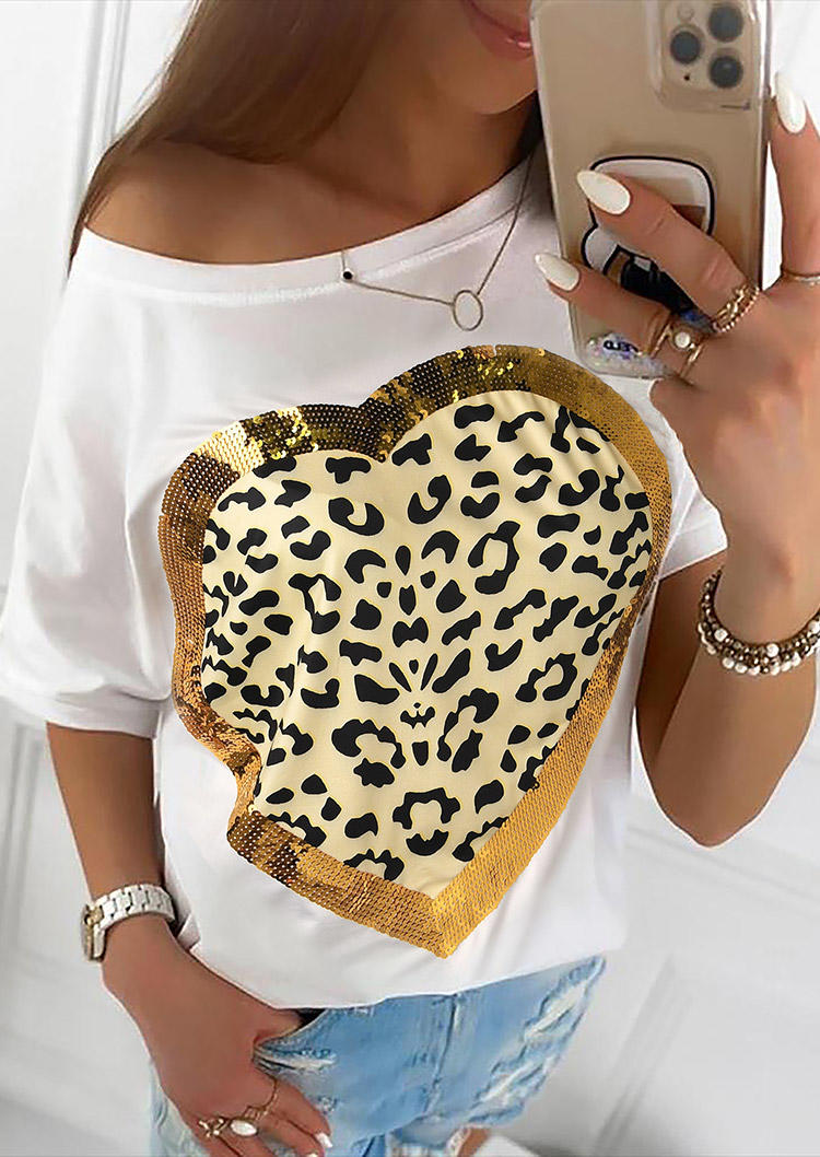 

Leopard Heart Sequined Splicing O-Neck Blouse - White, 511407