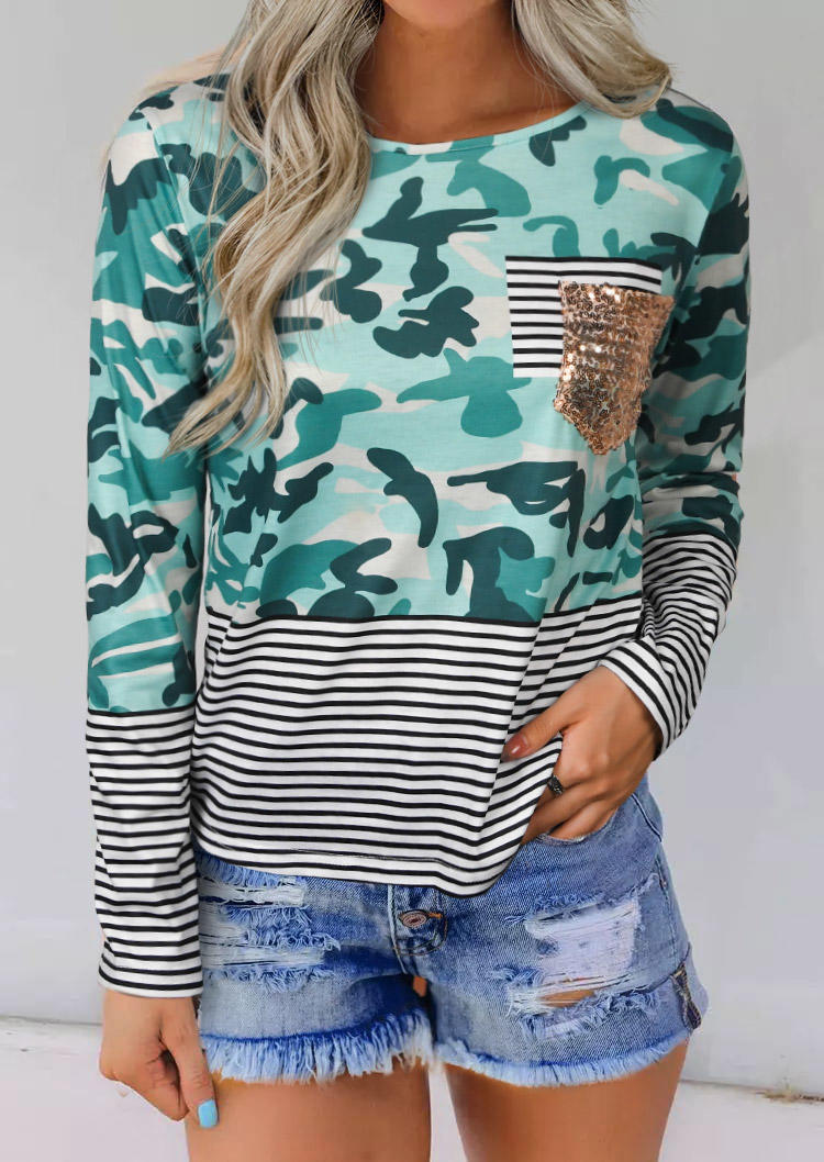 

Camouflage Striped Splicing Sequined Blouse, Multicolor, 511447