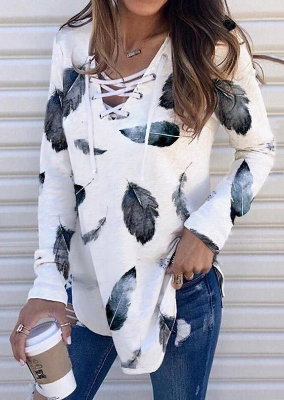 

Lace Up Feather Long Sleeve Blouse - White, 511466