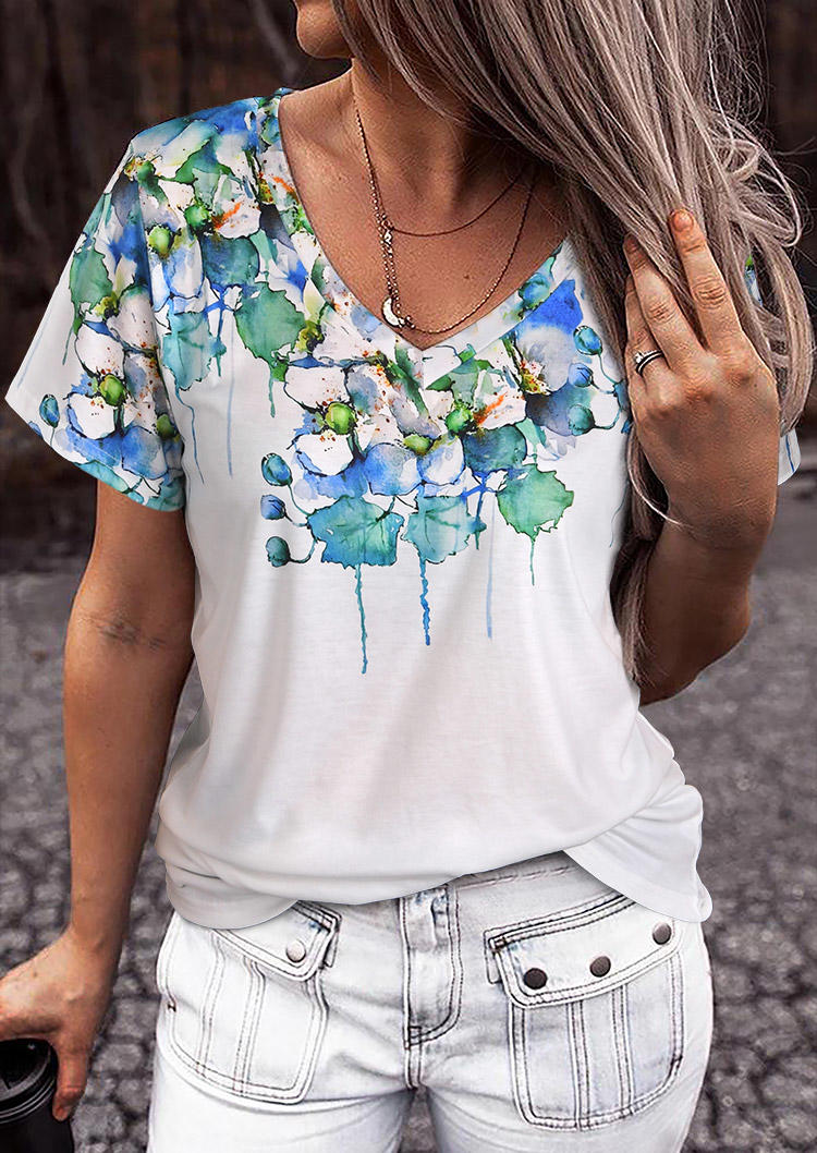 

Floral Leaf V-Neck T-Shirt Tee - White, 511610