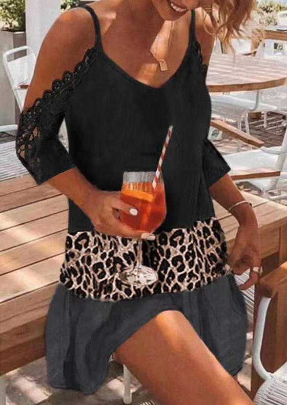 

Leopard Lace Splicing Cold Shoulder Spaghetti Strap Mini Dress - Black, 511685