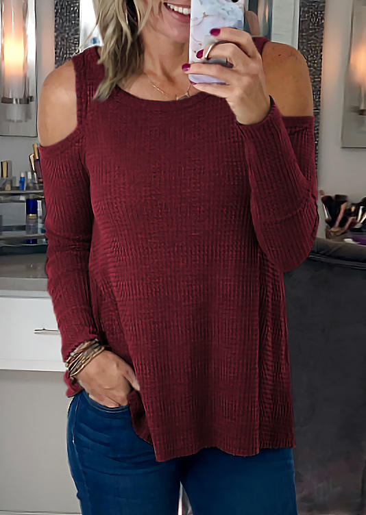

Cold Shoulder Long Sleeve Casual Blouse - Burgundy, 511733