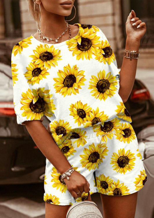 

Sunflower Elastic Cuff Blouse And Elastic Waist Shorts Two-Piece Set, Yellow, 511738