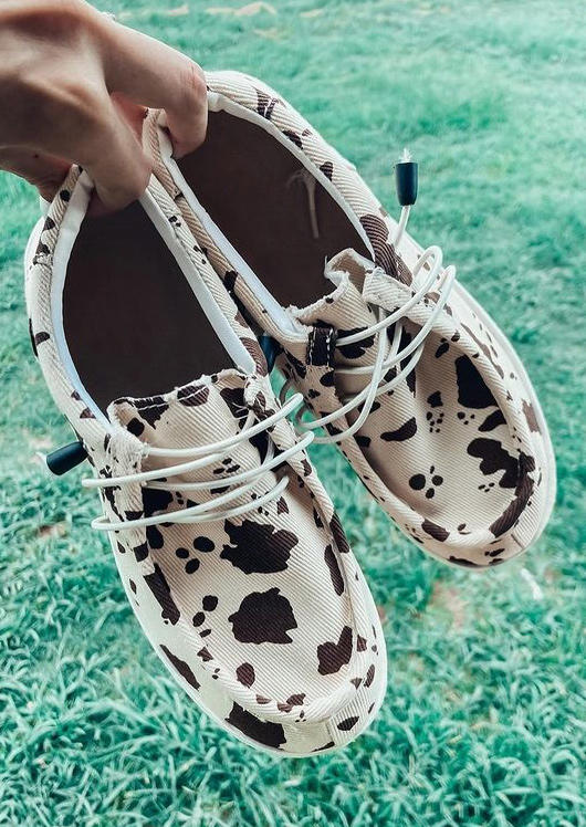 

Western Cow Round Toe Lace Up Flat Sneakers - Beige, 511847