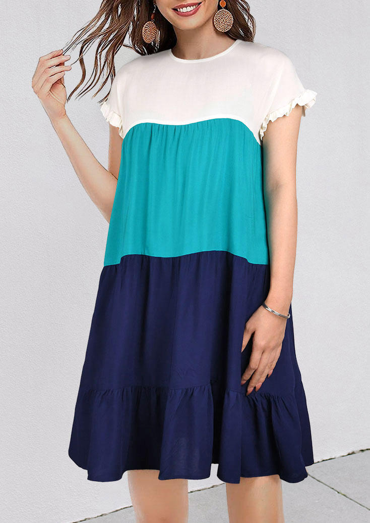 

Color Block Ruffled O-Neck Mini Dress, Multicolor, 511182