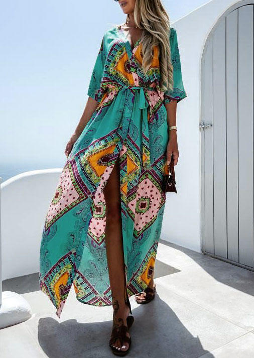 

Vintage Bohemian Geometric Wrap V-Neck Maxi Dress - Green, 511183